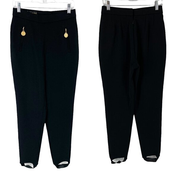 Donna Karan Vintage 80s Black Stirrup Stretch Pants Gold Logo Zip Pulls Small - Picture 2 of 12